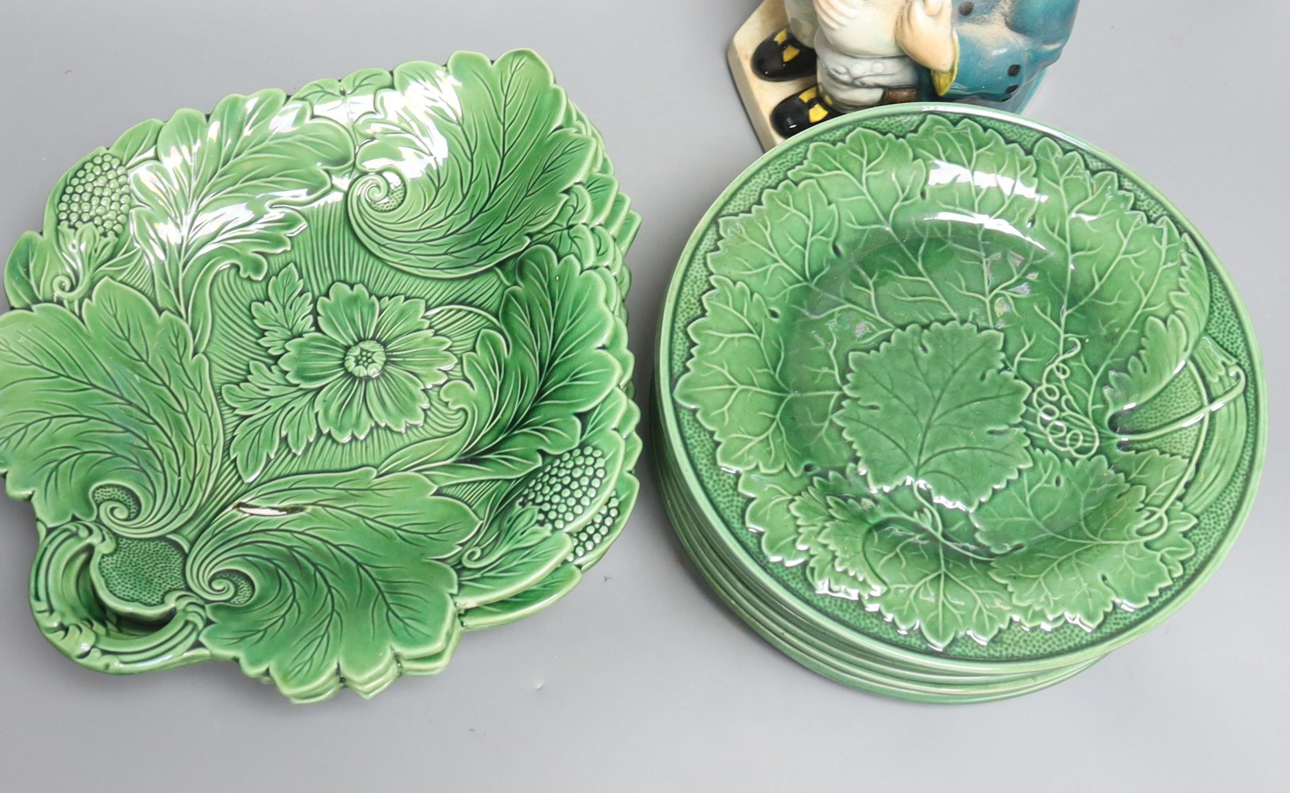 Victorian green majolica leaf dessert wares, Art Deco 